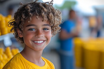 Happy boy smiling with outdoor market.