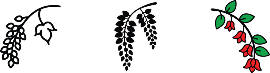 Floral Branch Illustrations Outline, Black, Red, Green Botanical Designs