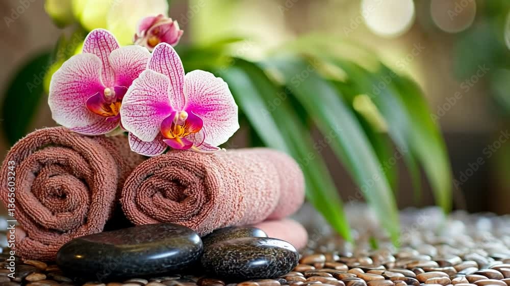 Poster Relaxing Spa Setting With Towels and Stones in Tranquil Atmosphere Generative AI