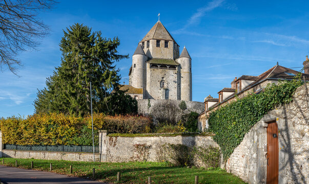 Provins, France - 11 30 2024: Panoramic view of the Caesar Tower from Saint-Quiriace collegiate church square.