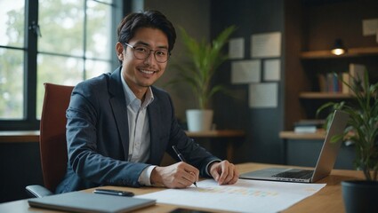 Fototapeta premium Middle-Aged Asian Man Working from Home on His Computer, Taking Notes and Smiling