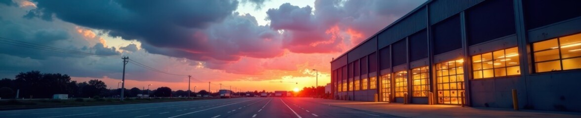 Dusk light illuminates modern warehouse windows, dramatic cloudscape , dramatic, atmosphere