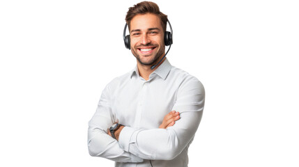 Telemarketer smiling with headset and arms crossed on transparent background