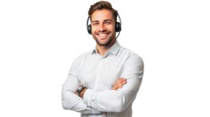 Telemarketer smiling with headset and arms crossed on transparent background