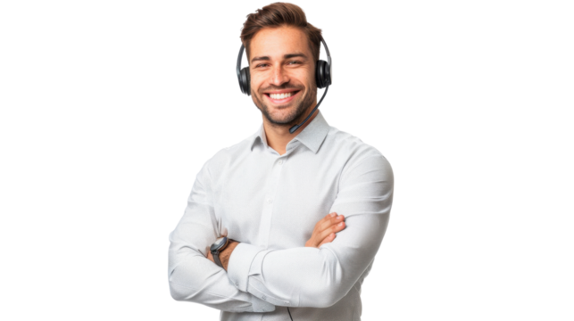 Telemarketer smiling with headset and arms crossed on transparent background - Powered by Adobe