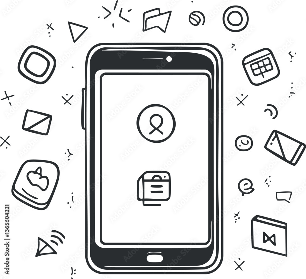 Poster minimalist smartphone app interface with hand-drawn icons for digital design projects.