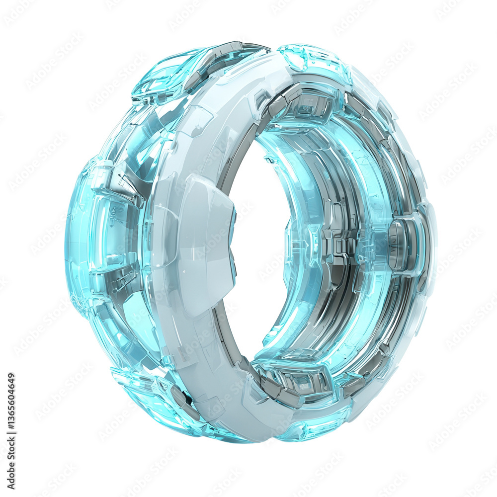 Poster futuristic circular structure with glowing elements on a black background.