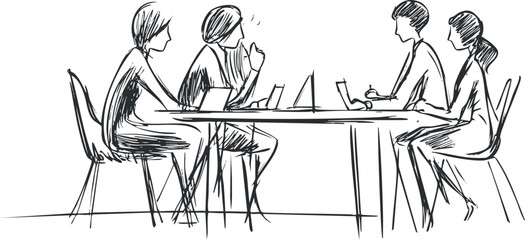 Fototapeta premium Sketch of a business meeting with four people discussing around a table.