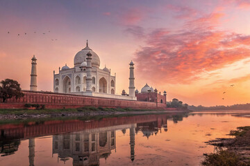 vector illustration of  Taj Mahal at sunrise  generative ai
