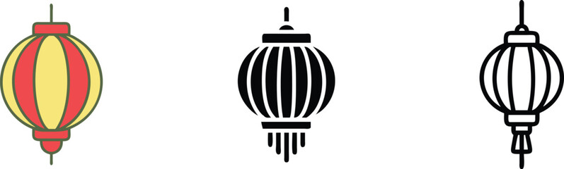 Asian Lanterns Colorful, Black, Line Art, Festive, Hanging, Decor, Illumination, Style, Design, Symb