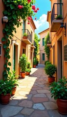 Naklejka premium Sun-drenched alleyway, overflowing with aromatic herbs and colorful pottery , casablanca, fes, culture