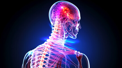 Detailed 3D illustration of human skeletal and nervous systems, highlighting spine and brain. Anatomical structures of human spine, brain, and nervous system in futuristic and scientific style