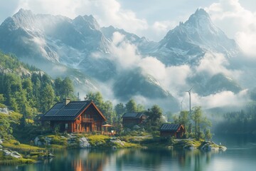Fototapeta premium Scenic view of wooden cabins by a lake with solar panels, surrounded by mountains and mist. A picturesque mountain village powered by solar panels and wind turbines.