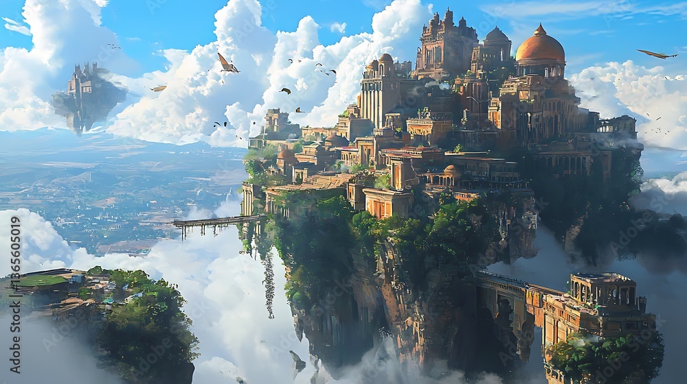 Poster floating city above the clouds with ancient architecture and nature