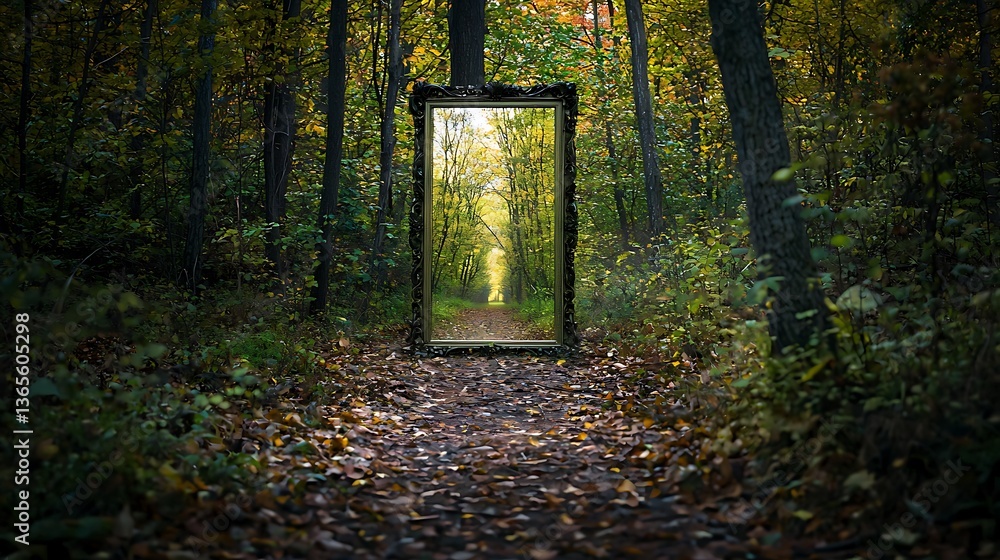 Poster enchanted forest scene with an open frame leading into nature path