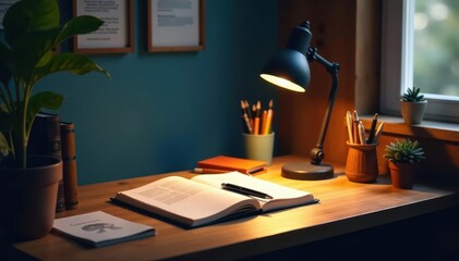 A single desk lamp casts long shadows across a writing space, filled with notebooks and a pen , shadows, peaceful