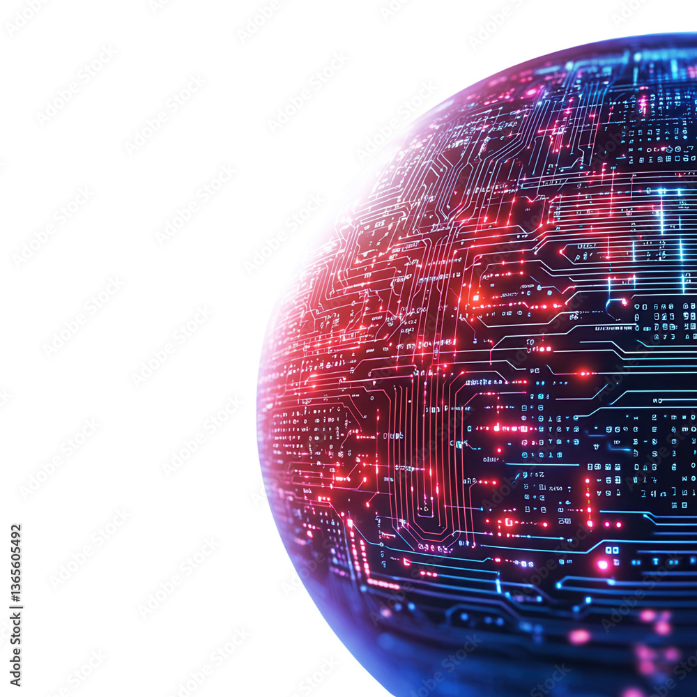 Poster abstract globe with circuit patterns in vibrant colors on a black background.