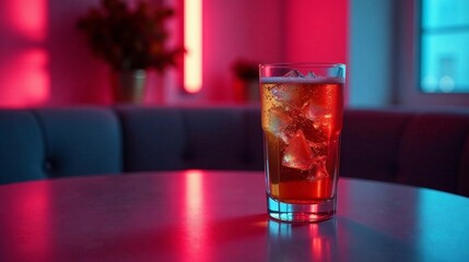 A Refreshing Iced Beverage in a Tall Glass on a Table with Neon Lighting