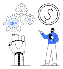 Robotic hand touches CRM gear with analytics and teamwork. Professional guides focus on investment. Ideal for automation, technology, business management, CRM, customers, innovation, flat simple