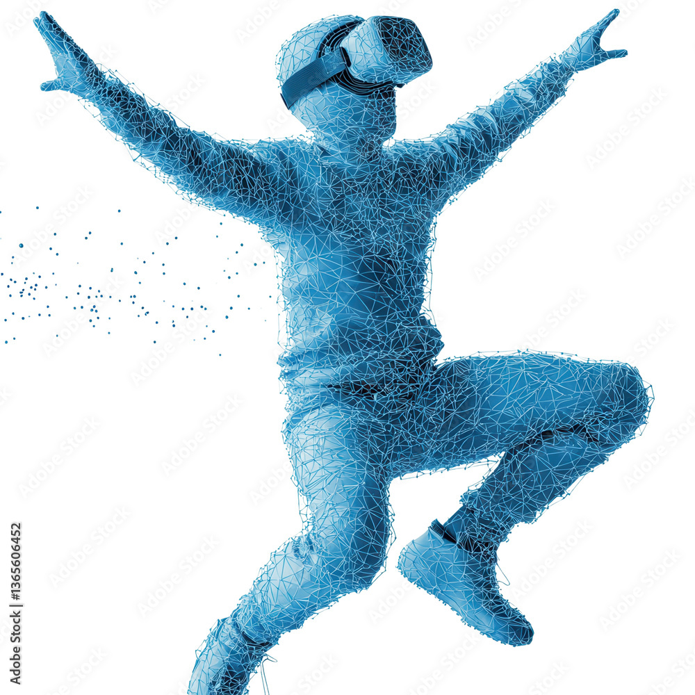 Poster digital figure in vr headset jumping in a wireframe style.