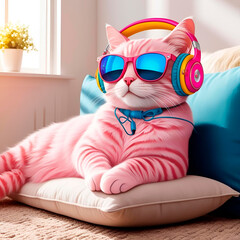 Pink cat with sunglasses and headphones, created with Generative AI