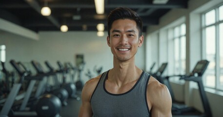 Fototapeta premium Confident Asian Man Smiling in a Modern Gym Setting, Perfect for Fitness Programs and Healthy Lifestyle Advertising