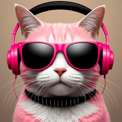 Pink cat with sunglasses and headphones, created with Generative AI