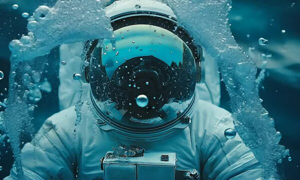 Close-up of astronaut submerged in water in full space suit with bubbles floating around. Concept of simulation and isolation in training