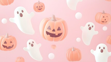 Fototapeta premium Cute Minimalistic Pumpkins and Floating Ghosts on Soft Pastel Halloween Background