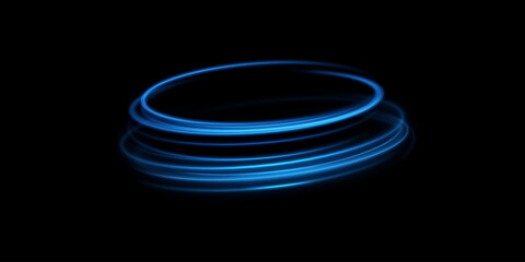 Abstract light lines of movement and speed of blue color. Circular movement of light lines. Podium, portal. Frame of light.