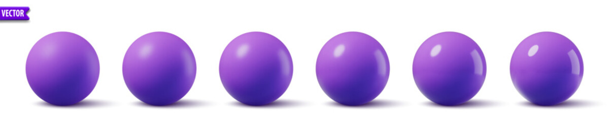 Glossy purple spheres. 3D model bubble collection realistic violet balls with smooth surface and shadows. Ideal for background mockup object modern design. Vector illustration shiny plastic globe set
