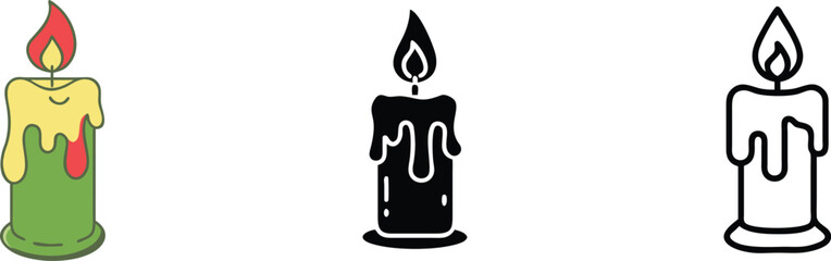 Burning Candles Colorful, Black, Outline Icons, Melted Wax