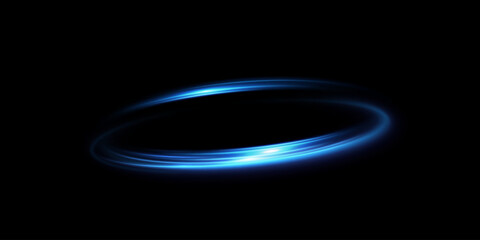 Abstract light lines of movement and speed of blue color. Circular movement of light lines. Podium, portal. Frame of light.