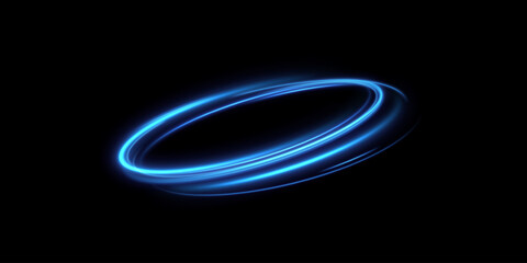 Abstract light lines of movement and speed of blue color. Circular movement of light lines. Podium, portal. Frame of light.