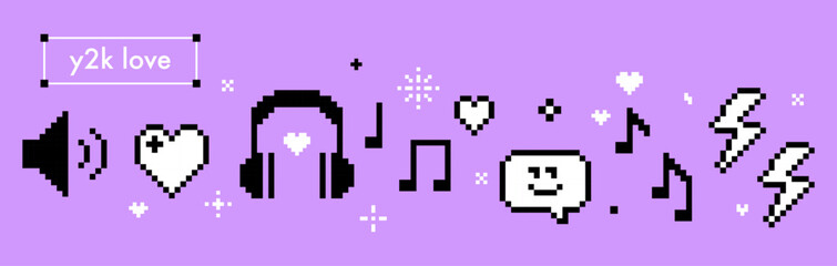 Pixel art y2k music retro vector illustration. DJ play, listen to music, radio podcast, festival, sound studio, party design. Mood of 90's banner. Simple geometric shape. Funny game abstract elements