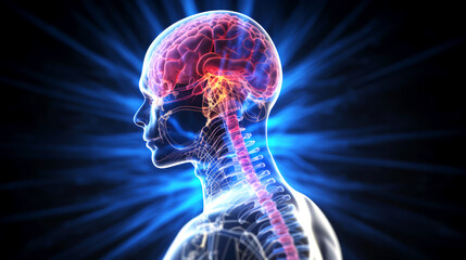 Illustration of detailed depiction of human brain, spinal cord, nervous system. Neural pathways, nerve signals, connections within central nervous system highlighting brain and spinal cord