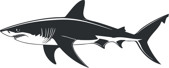 Black and white shark silhouette vector illustration for marine and wildlife designs.