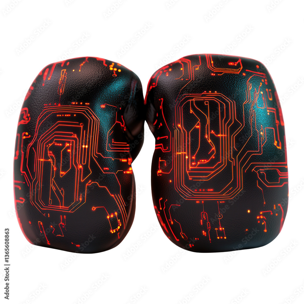 Poster futuristic boxing gloves with circuit patterns and glowing elements.