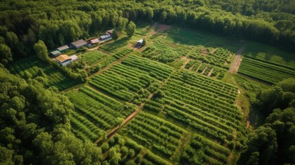 Aerial view of lush green farmland landscape.