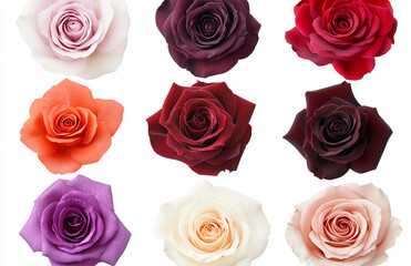 A grid of nine roses in various colors including red pink purple orange and white on a white background