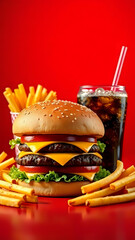 cheeseburger birra e patatine sfondo rosso