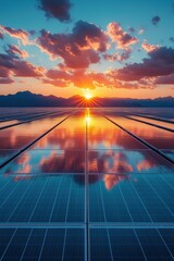 A stunning sunset over a solar farm, with solar panels reflecting the vibrant colors of the sky. The clouds are illuminated in shades of orange and pink, creating a picturesque scene.