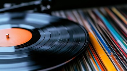 Fototapeta premium Close-up of a spinning vinyl record on a colorful collection of records with a blurred background