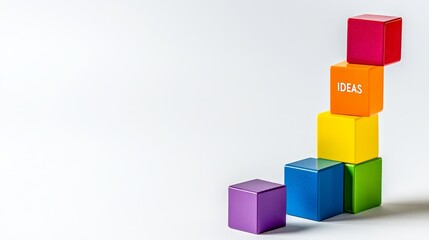 Fototapeta premium Colorful building blocks spelling 'IDEAS' stacked creatively on a clean, minimalistic background