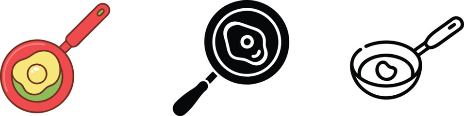 Fried Egg in Pan Colorful Icons, Cooking, Breakfast, Food