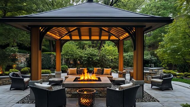 Luxury pavilion with stylish seating and a firepit in the center background