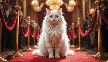 Elegant white cat on red carpet at glamorous event indoor photography luxurious atmosphere close-up