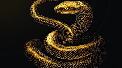 This striking image features a beautifully designed golden snake, coiled elegantly, showcasing its unique texture and design, symbolizing beauty and danger in the animal kingdom.
