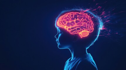 Creative visualization of a child's mind showcasing a glowing brain and dynamic energy representing imagination and cognitive development in a digital art style