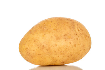Unpeeled raw potatoes with kitchen utensils isolated on white background, close-up.